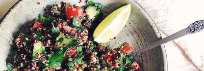 Red Quinoa Tabbouleh Salad with Fresh Tahini Dressing