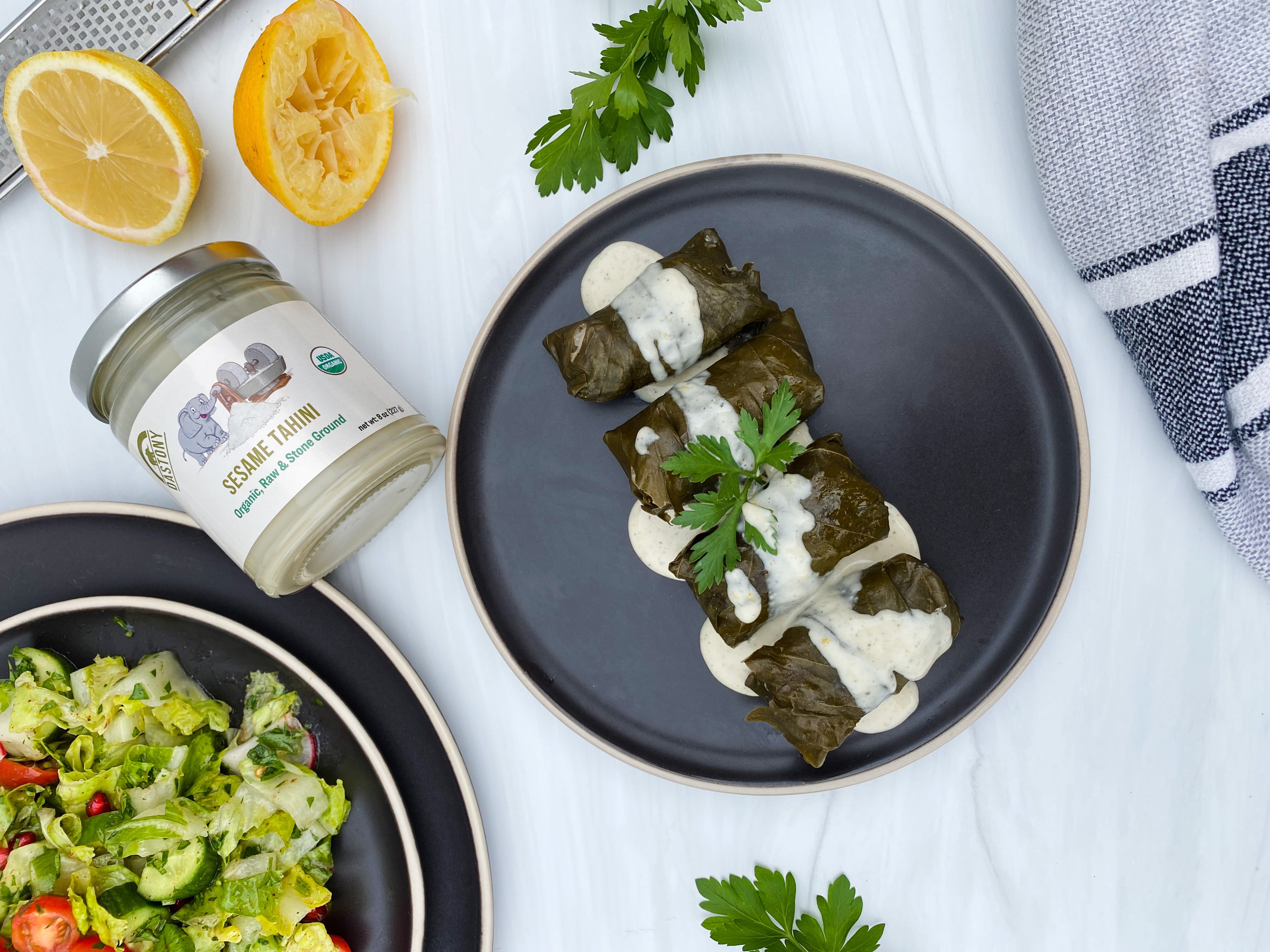 Vegan Chickpea Stuffed Grapes Leaves with Lemon Tahini Dressing