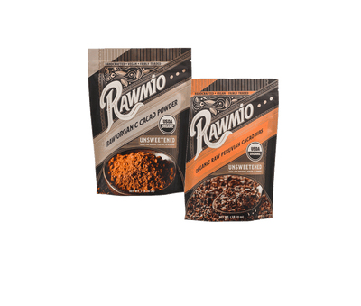 Rawmio Raw Organic Cacao Powder and Organic Raw Peruvian Cacao nibs