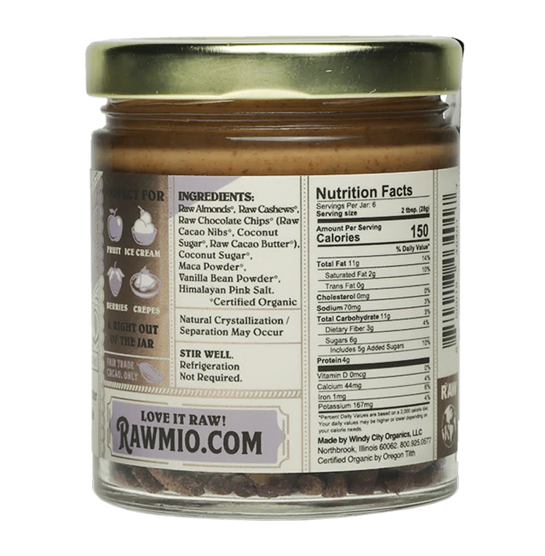 Rawmio Raw Organic Stone Ground Almond Chocolate Chip Cookie Dough Nutrition facts back